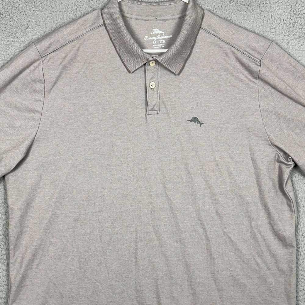 Tommy‎ Bahama Polo Shirt Mens 2XL Taupe Grey Casual Rugby Short Sleeve Logo EUC
